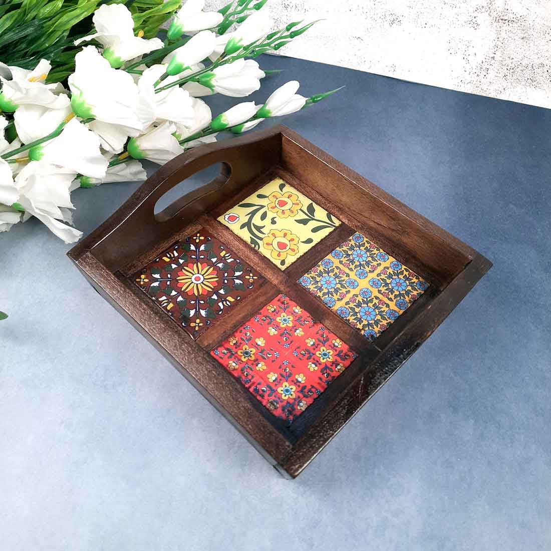 Serving Tray With In-Built Ceramic Tiles | Tea Tray - For Serving, Kitchen, Home Decor & Gifts - 9 Inch -Apkamart #Style_Classic