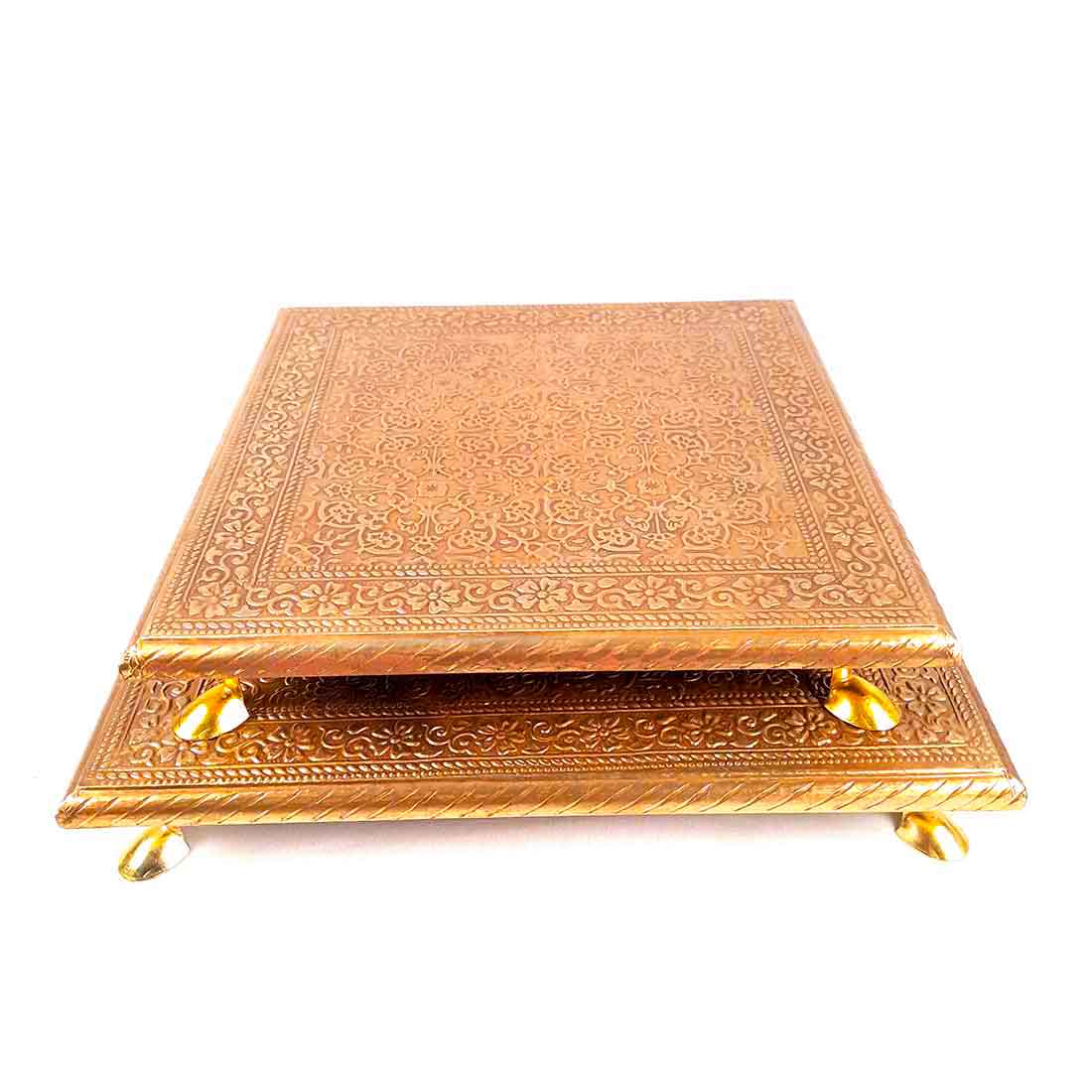 Brass Puja Chowki - Wooden Bajot - For Pooja &Home Decor - Set of 2 ( 10, 12 Inch) - ApkaMart