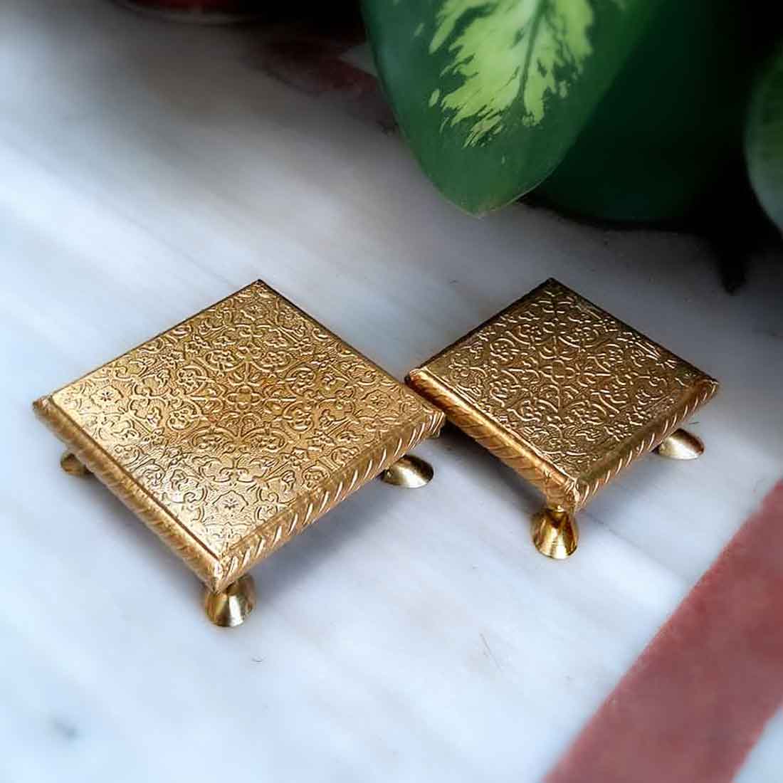 Brass Puja Chowki - Wooden Bajot - For Pooja &Home Decor - Set of 2 ( 10, 12 Inch) - ApkaMart