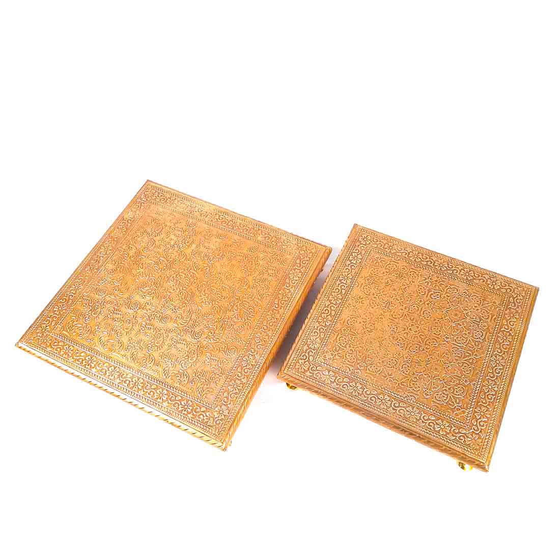 Brass Puja Chowki - Wooden Bajot - For Pooja &Home Decor - Set of 2 ( 10, 12 Inch) - ApkaMart