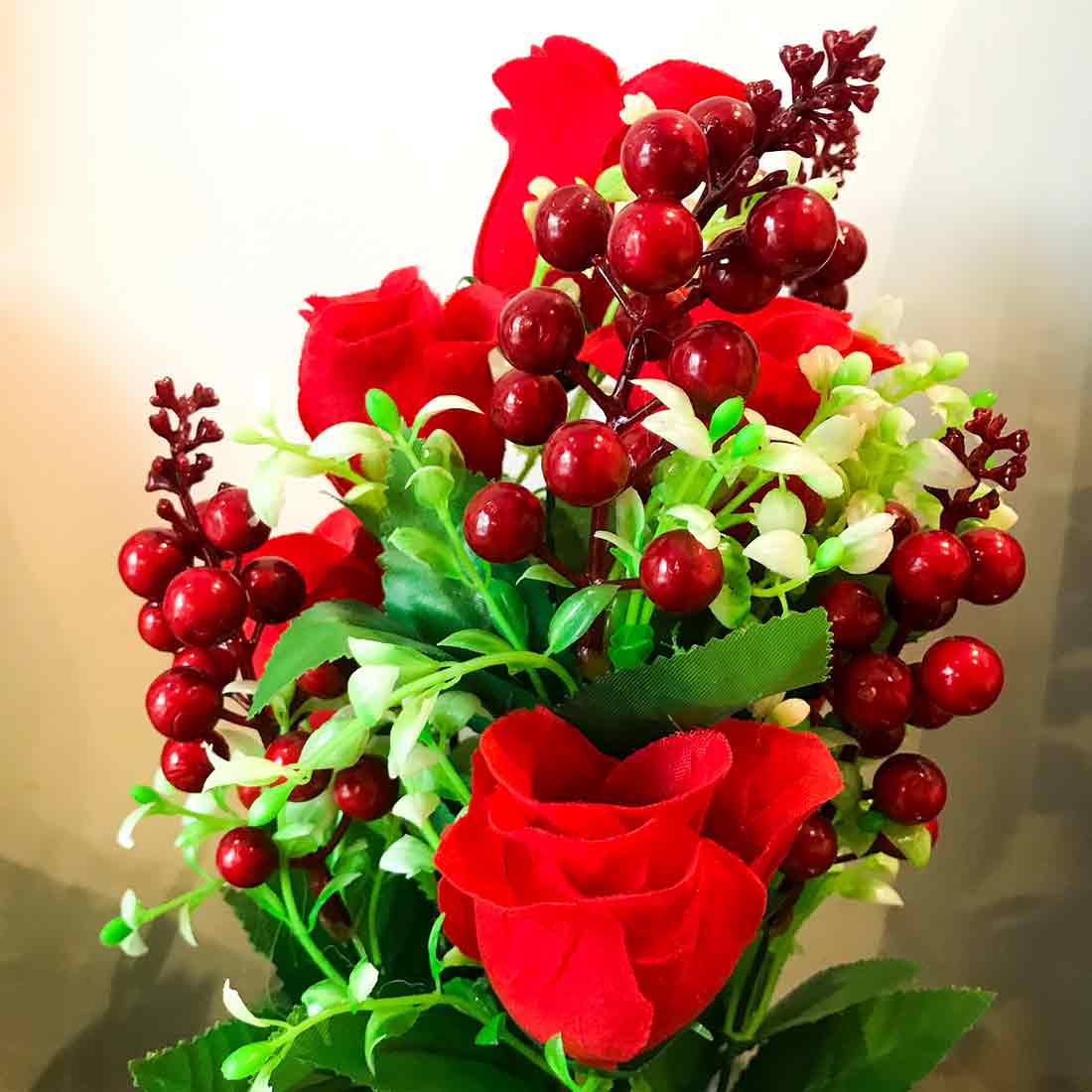 Plastic Potted Plants - Red Flowers -For Home Decoration - ApkaMart