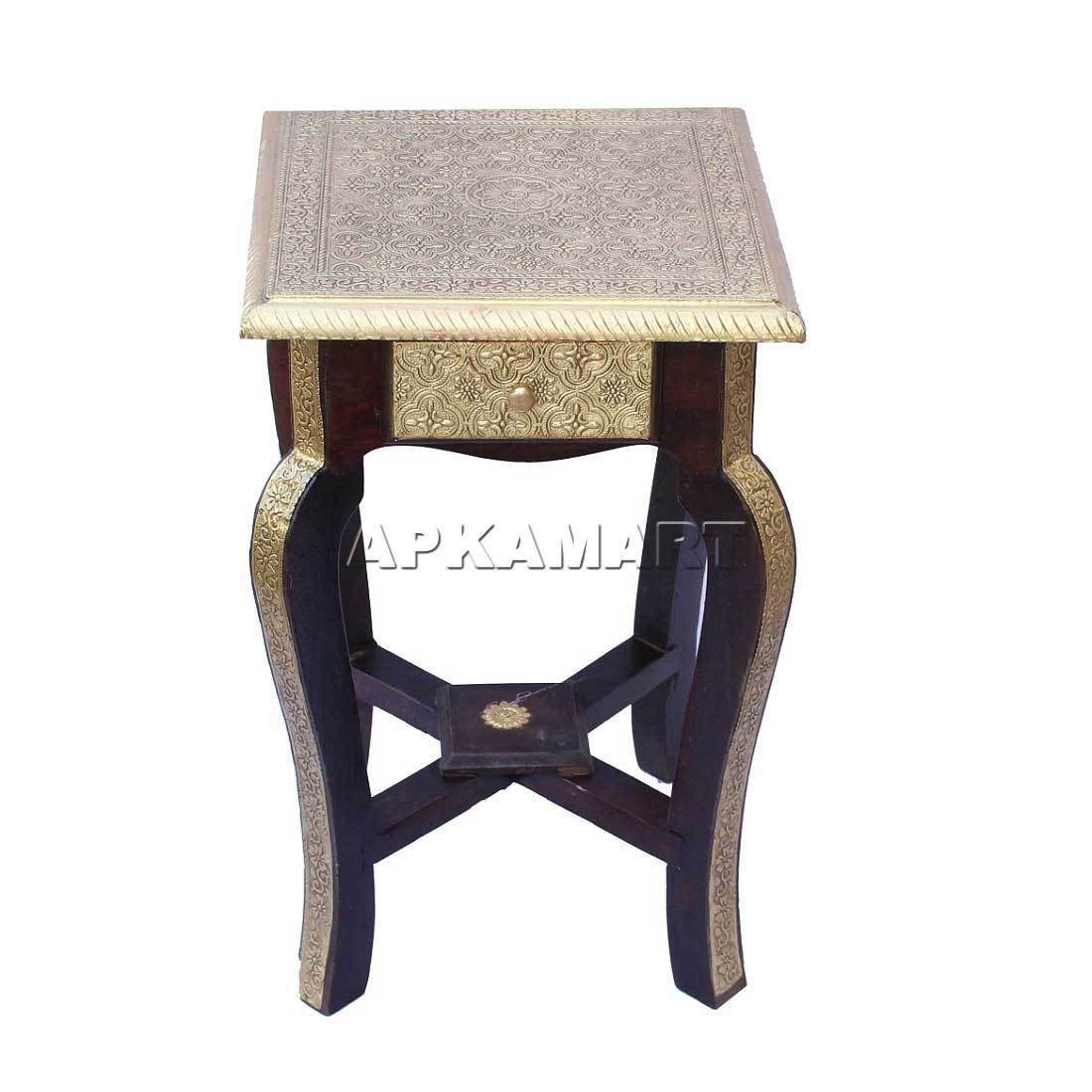 Lamp Table - Brass Embellished  | Bedside Table with Drawer -18 Inch - ApkaMart