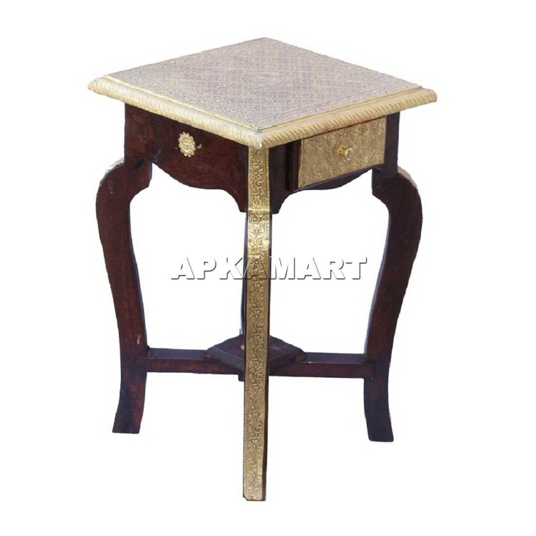 Lamp Table - Brass Embellished  | Bedside Table with Drawer -18 Inch - ApkaMart