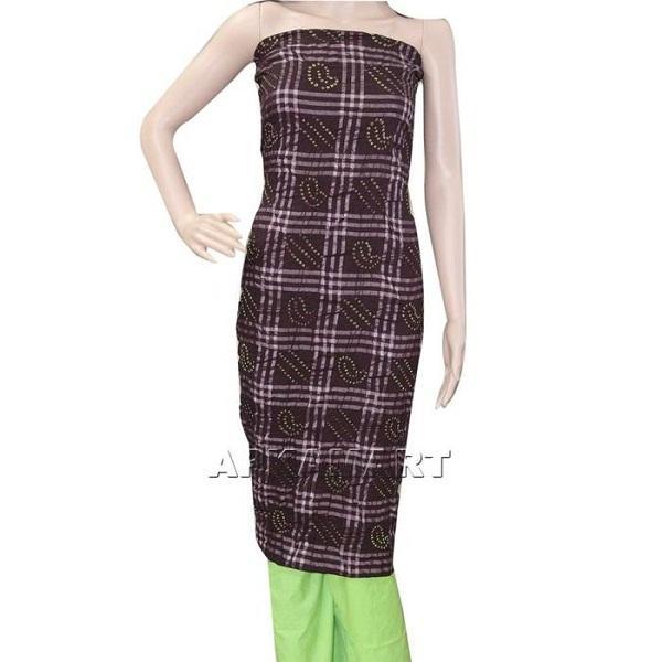 Brown and Green Tie and Dye Dress Material - ApkaMart