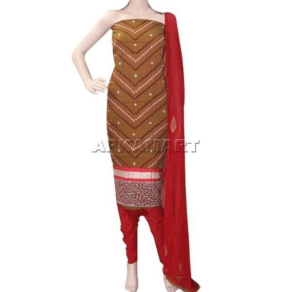 Brown and Red with Nylon Dupatta Tie and Dye Dress Material - ApkaMart