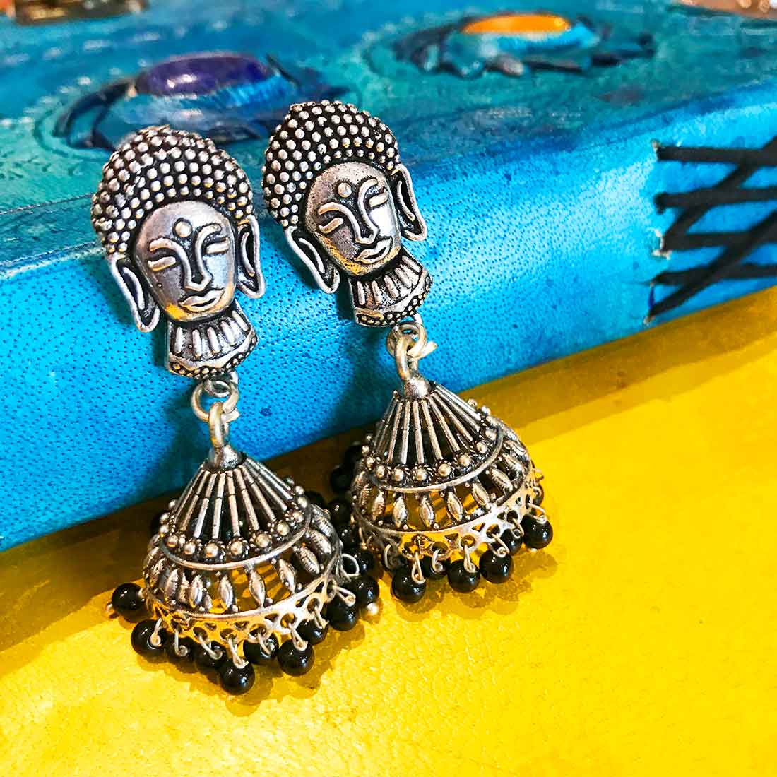 Earrings - Buddha Design- Jhumki for Women,Girls - Oxidised Silver Plated - ApkaMart