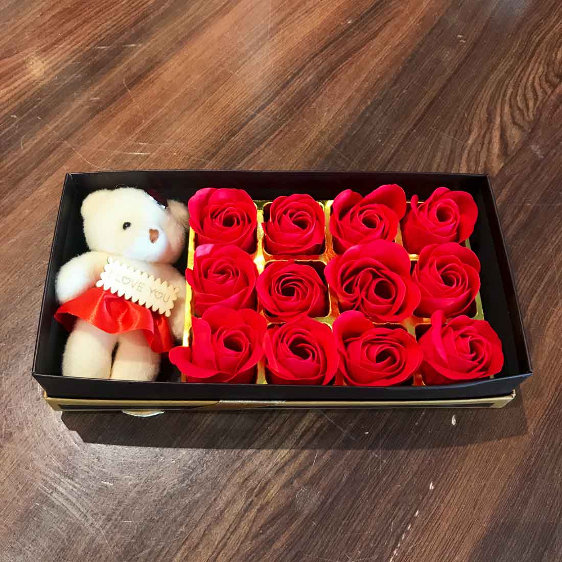 Artificial Red Roses with Teddy Bear | Valentine Gift Combo for Girlfriend, Wife & Loved Ones | Romantic Soft Toy & Rose Gift Set for Birthday - 9 Inch