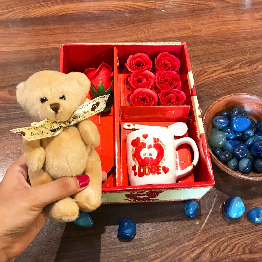 Coffee Mug, Teddy & Red Roses Combo | Valentine Gift Set for Girlfriend, Wife & Loved Ones | Romantic Gift Combo for Birthday, Anniversary & Special Occasions - 9 Inch - Apkamart