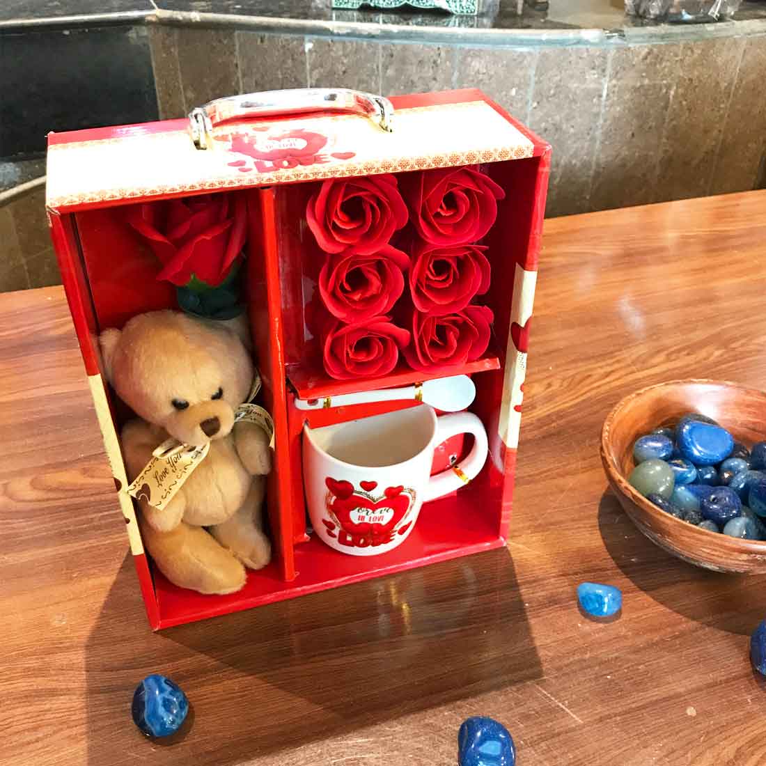 Coffee Mug, Teddy & Red Roses Combo | Valentine Gift Set for Girlfriend, Wife & Loved Ones | Romantic Gift Combo for Birthday, Anniversary & Special Occasions - 9 Inch - Apkamart