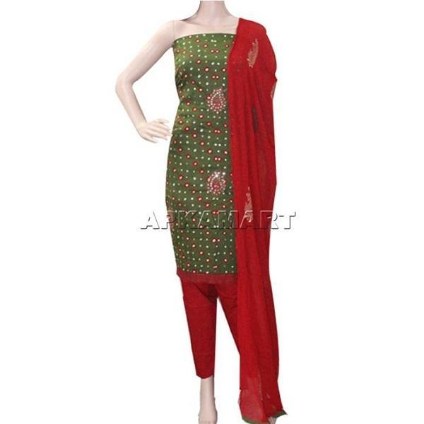 Dark Green and Red Tie and Dye Dress Material - ApkaMart