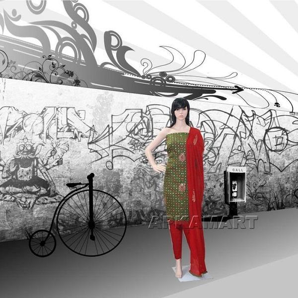 Dark Green and Red Tie and Dye Dress Material - ApkaMart
