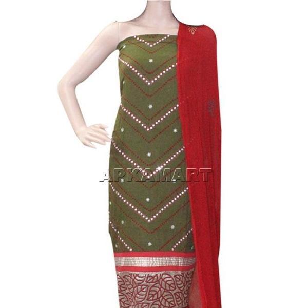 Dark Green and Red with Nylon Dupatta Tie and Dye Dress Material - ApkaMart