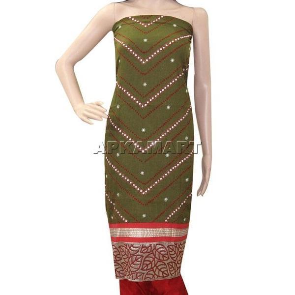 Dark Green and Red with Nylon Dupatta Tie and Dye Dress Material - ApkaMart