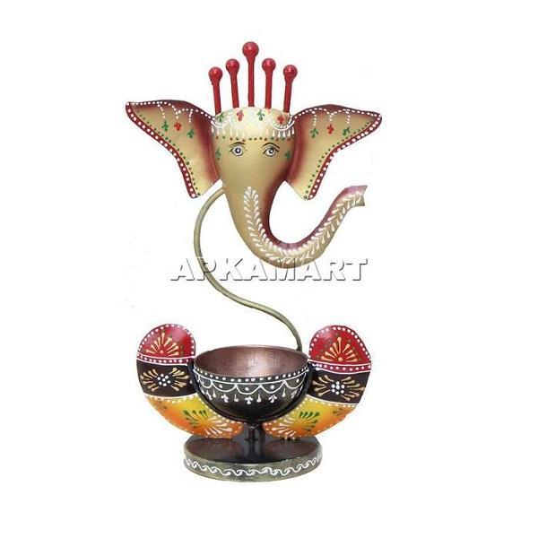 Metal Candle T Light Holder - Ganesh Diya Design 10 Inch - ApkaMart