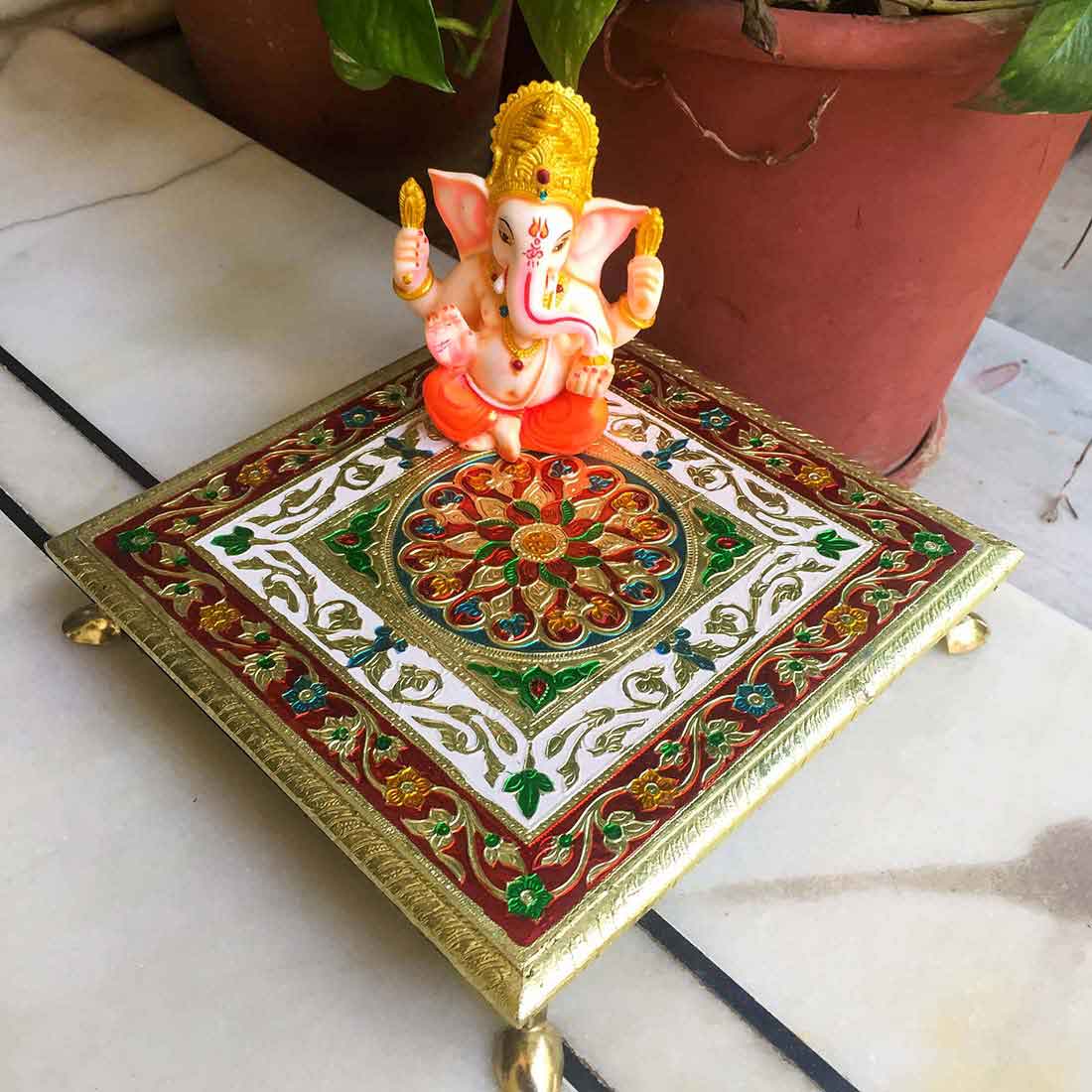 Minakari Pooja Chowki Bajot - For Puja Decoration & Gifts -10 Inch - ApkaMart #Style_Design 1