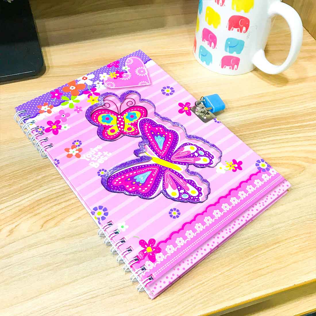 Notebook Diary With Lock - Pink Butterfly Design - for Kids, Children, School Student, Return Gifts - ApkaMart