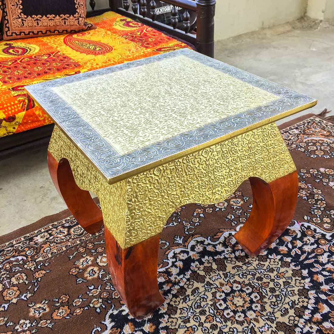 Brass Embellished | Wood Coffee Table | End Tables for Living Room - 14 Inches - ApkaMart