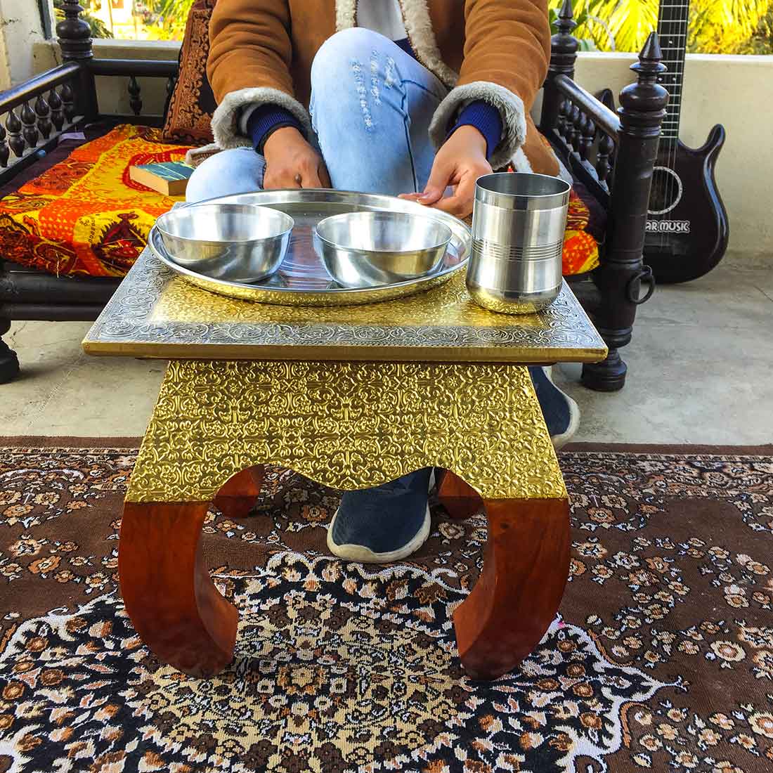 Brass Embellished | Wood Coffee Table | End Tables for Living Room - 14 Inches - ApkaMart