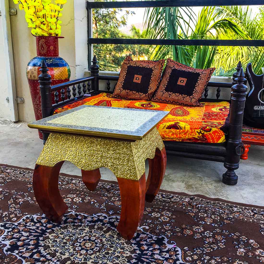 Brass Embellished | Wood Coffee Table | End Tables for Living Room - 14 Inches - ApkaMart