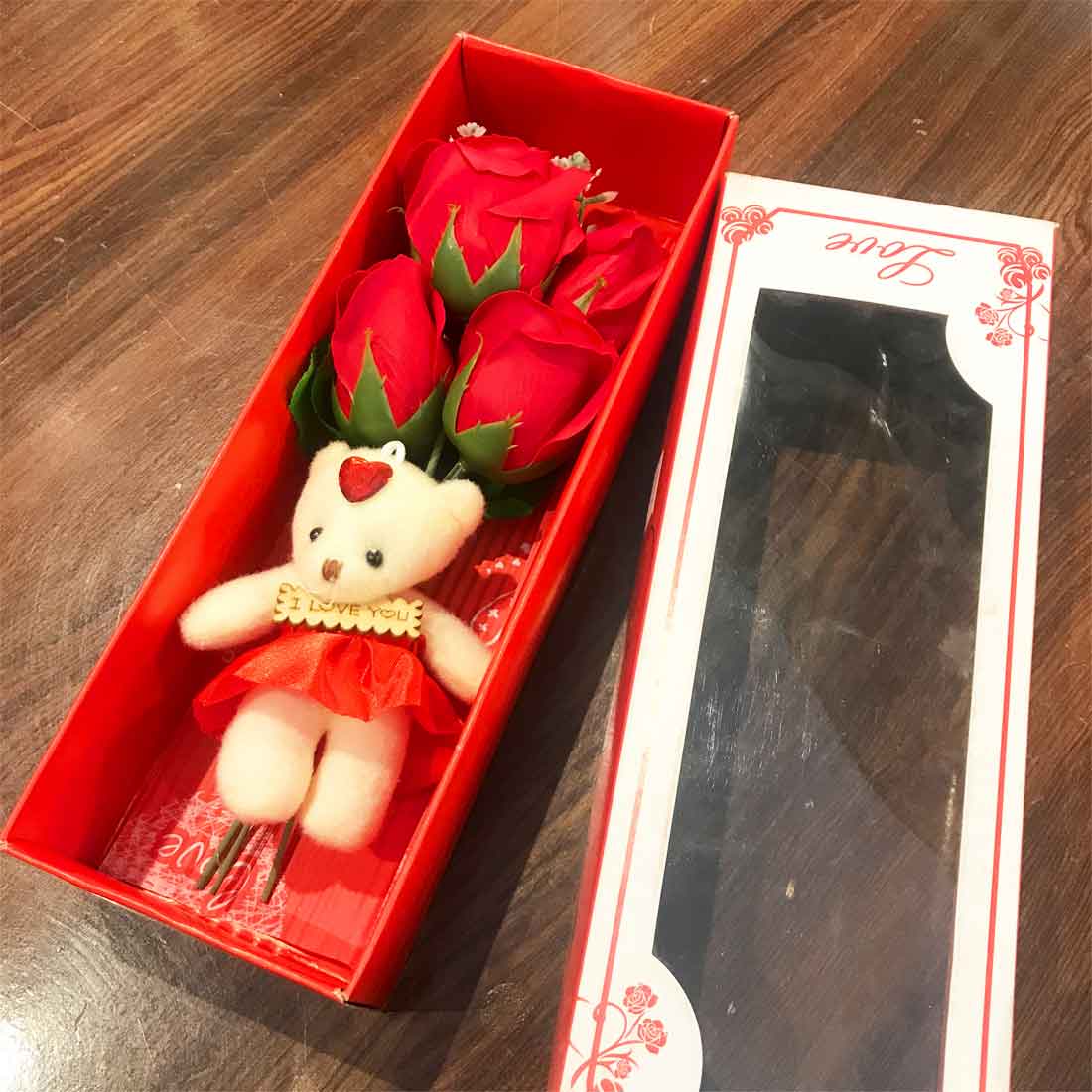 Artificial Red Rose with Teddy Bear | Valentine Gift Combo for Girlfriend, Wife & Loved Ones | Romantic Soft Toy & Rose Gift Set for Birthday & Anniversary - 11 Inch - Apkamart