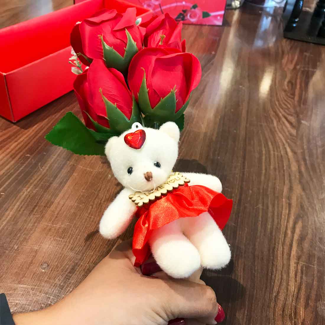 Artificial Red Rose with Teddy Bear | Valentine Gift Combo for Girlfriend, Wife & Loved Ones | Romantic Soft Toy & Rose Gift Set for Birthday & Anniversary - 11 Inch - Apkamart
