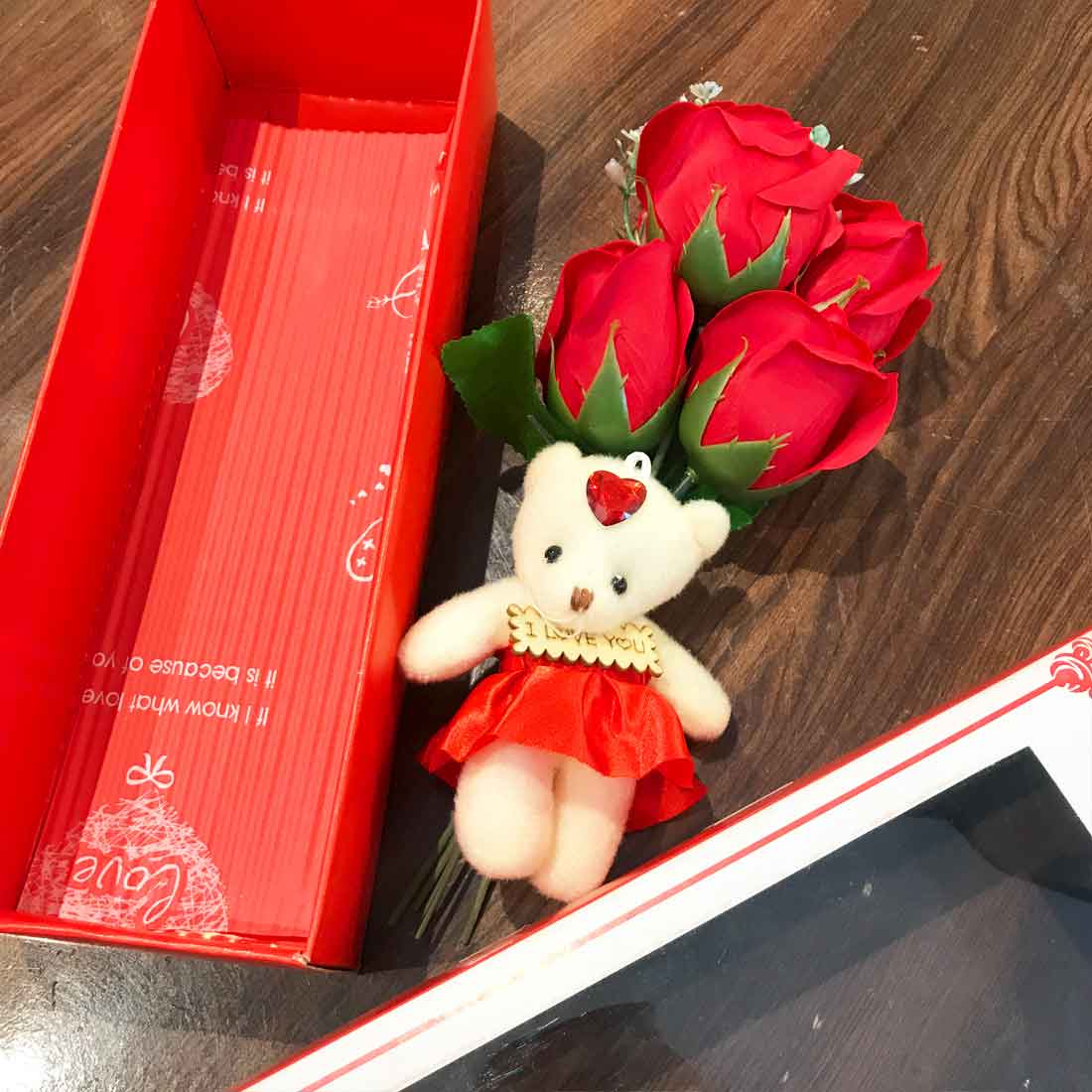 Artificial Red Rose with Teddy Bear | Valentine Gift Combo for Girlfriend, Wife & Loved Ones | Romantic Soft Toy & Rose Gift Set for Birthday & Anniversary - 11 Inch - Apkamart