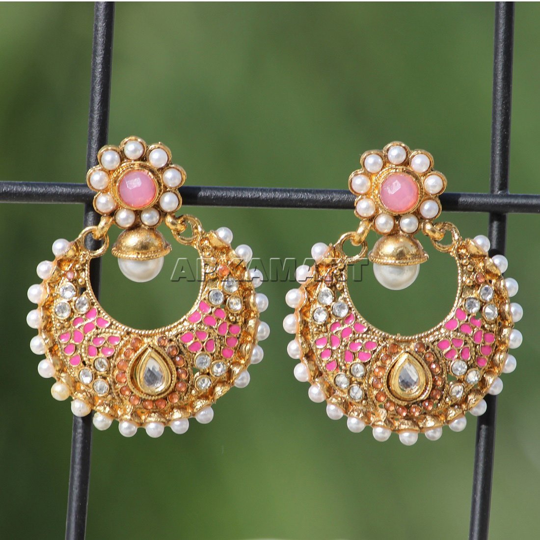 Earrings - Traditional Chand Bali with Pink Beads - Jewellery For Women & Girls - ApkaMart