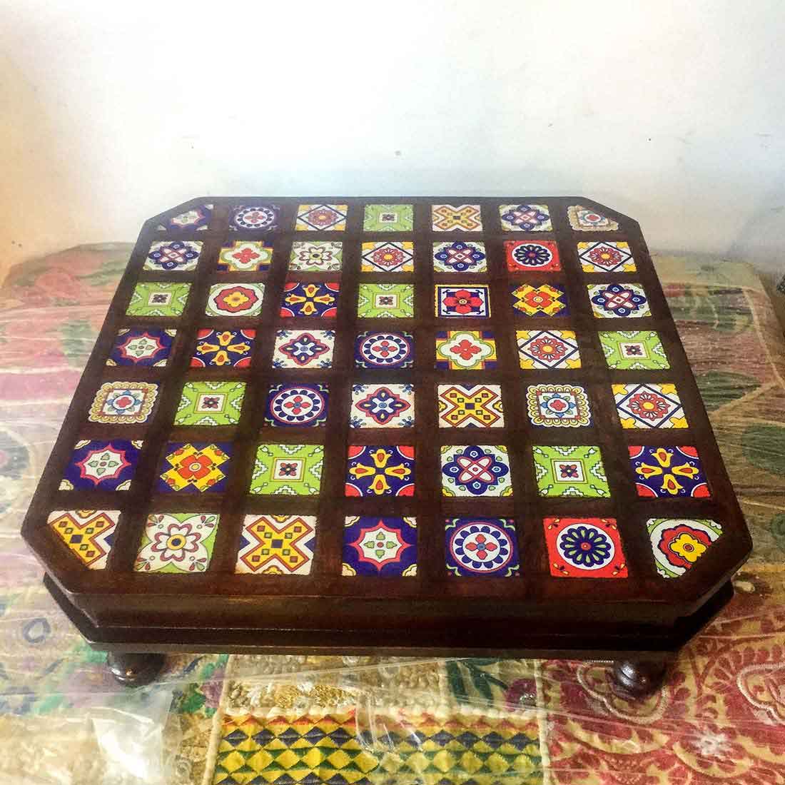 Wooden Chowki with Ceramic Tiles - For Home & Living Room Decor -18 Inch - ApkaMart