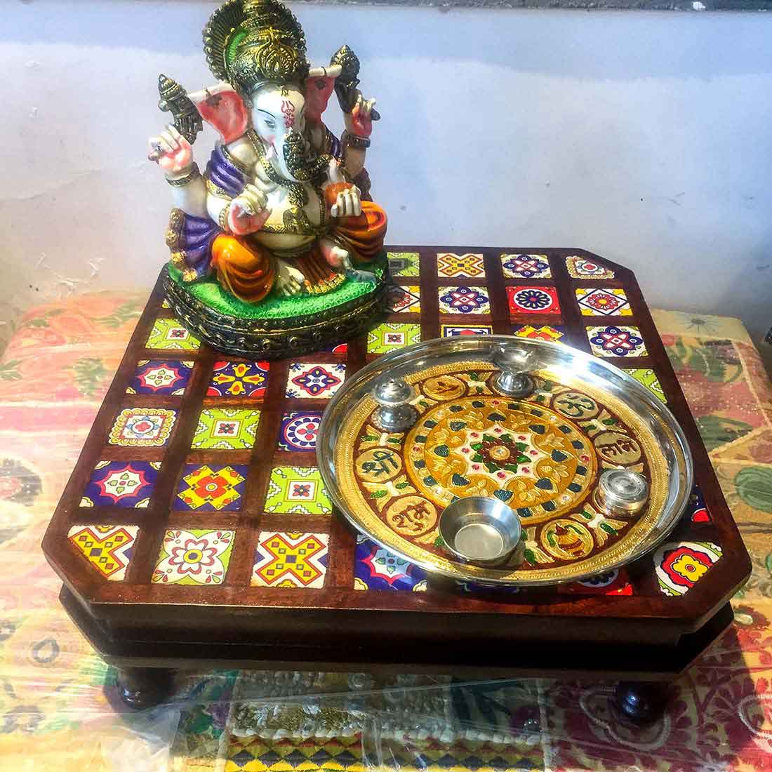 Wooden Chowki with Ceramic Tiles - For Home & Living Room Decor -18 Inch - ApkaMart