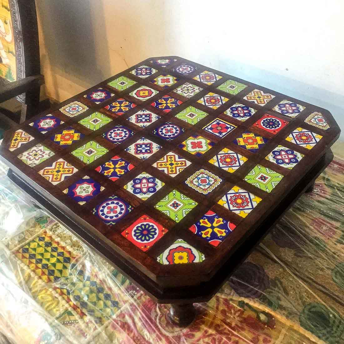 Wooden Chowki with Ceramic Tiles - For Home & Living Room Decor -18 Inch - ApkaMart