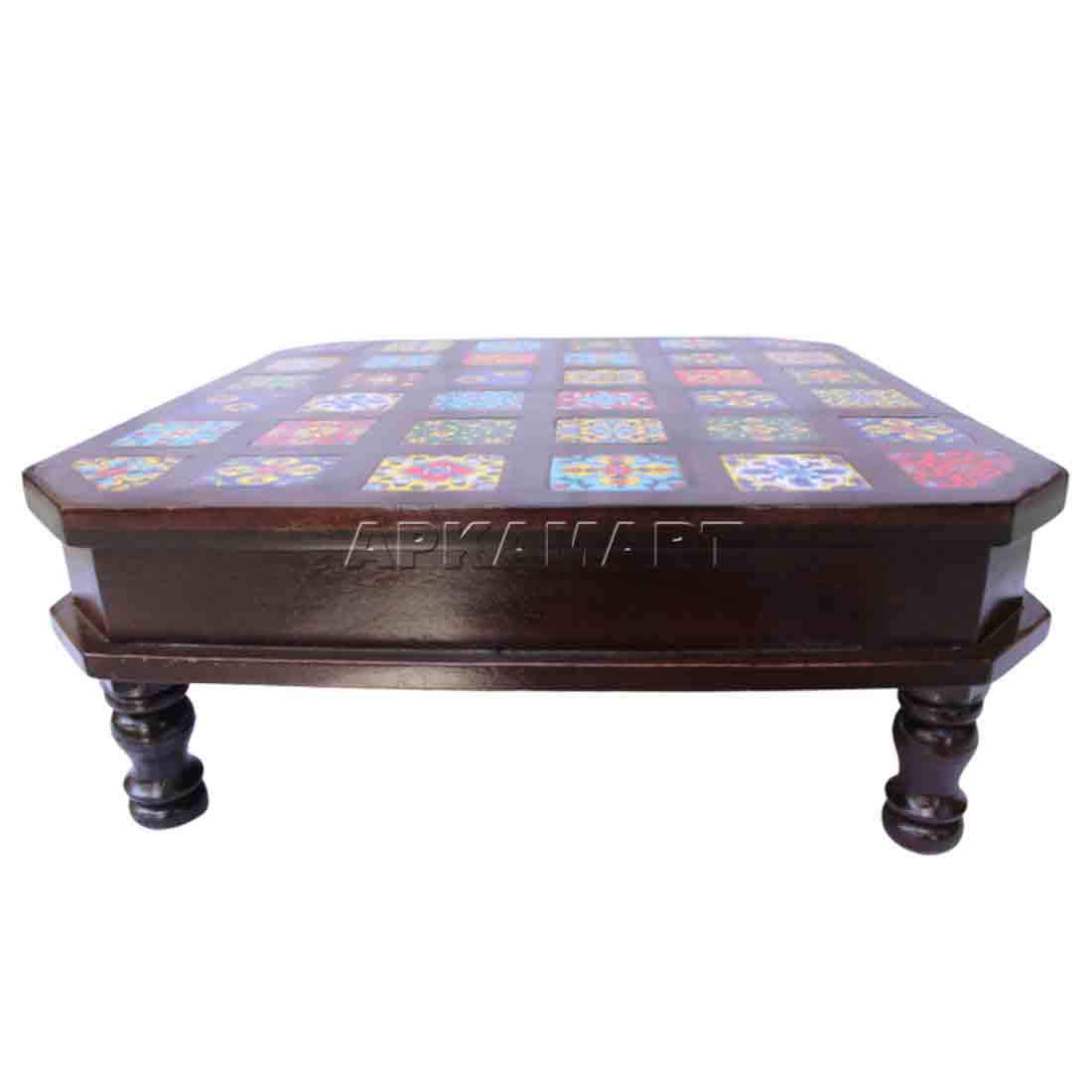 Wooden Chowki with Ceramic Tiles - For Home & Living Room Decor -18 Inch - ApkaMart