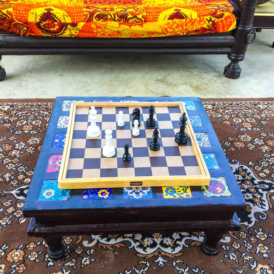 Wooden Chowki with Ceramic Tiles - For Home & Living Room Decor - 14 Inch - ApkaMart