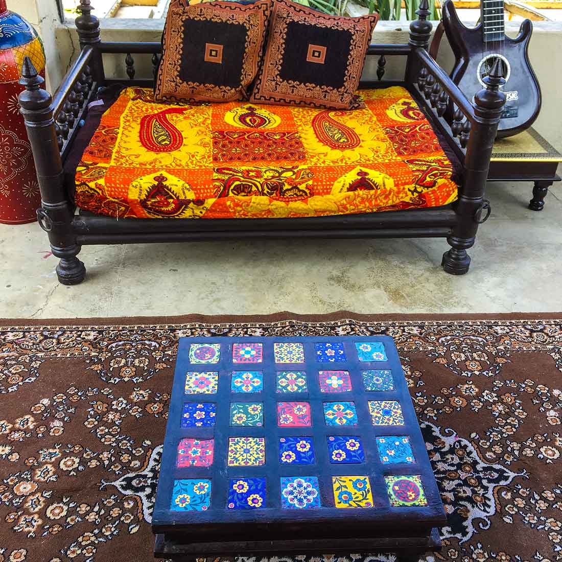 Wooden Chowki with Ceramic Tiles - For Home & Living Room Decor - 14 Inch - ApkaMart