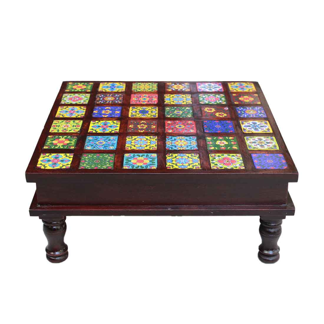 Wooden Chowki with Ceramic Tiles - For Home & Living Room Decor - 14 Inch - ApkaMart