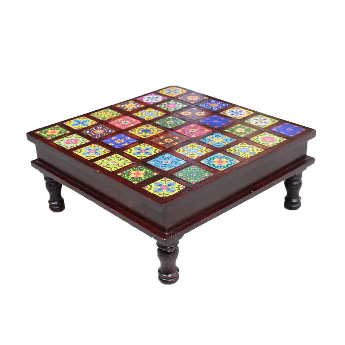 Wooden Chowki with Ceramic Tiles - For Home & Living Room Decor - 14 Inch - ApkaMart