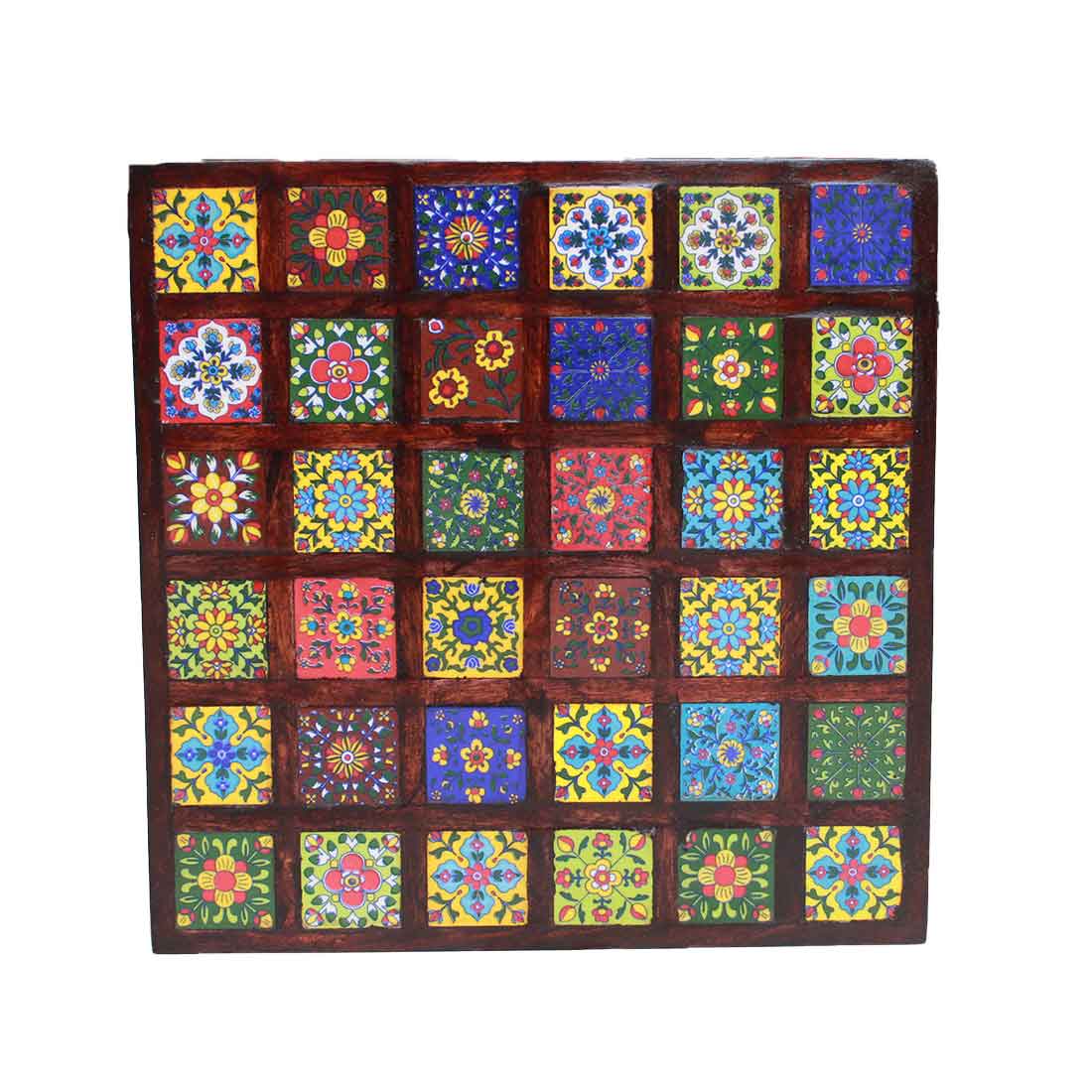Wooden Chowki with Ceramic Tiles - For Home & Living Room Decor - 14 Inch - ApkaMart
