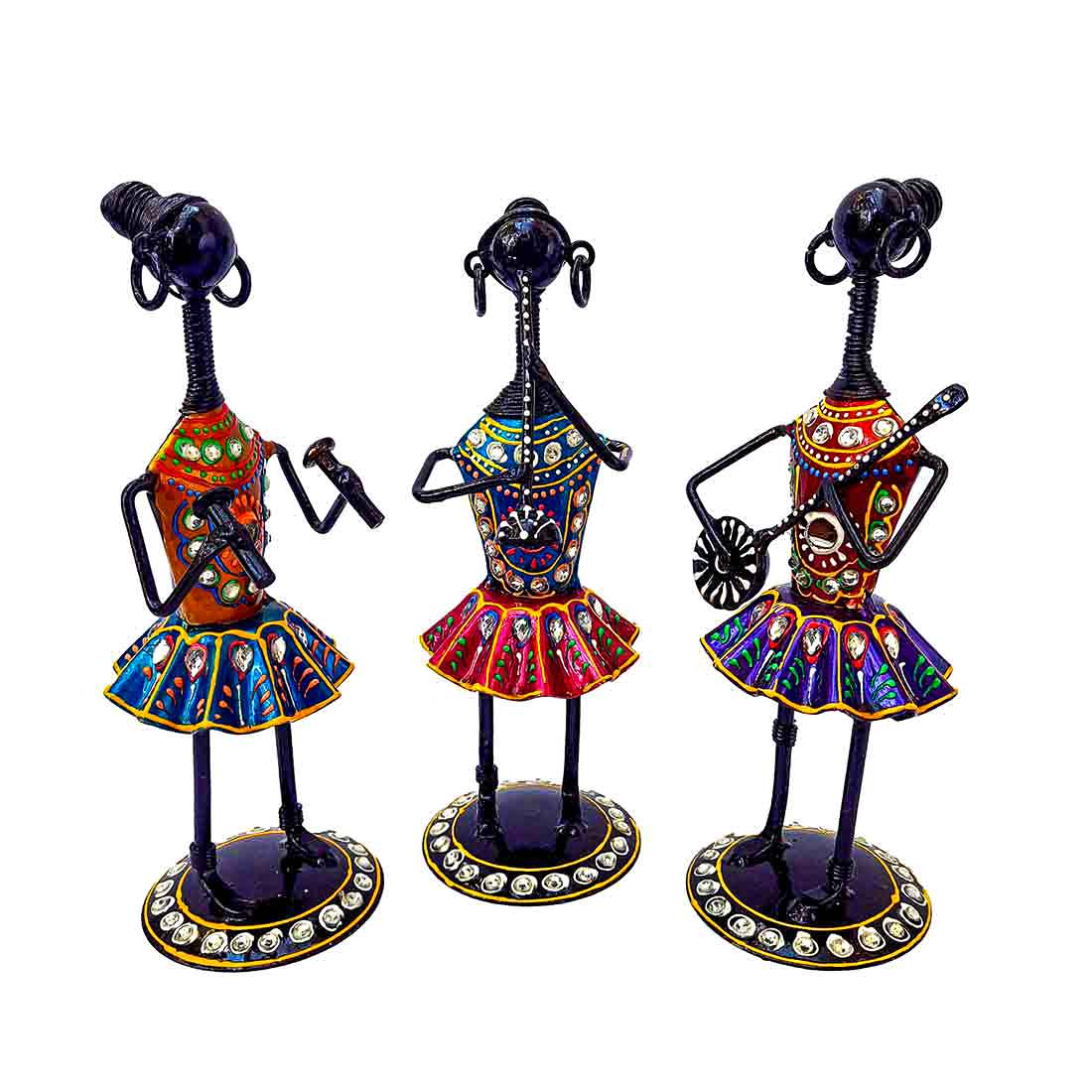 Tribal Musician Showpiece - Metal Figurines - For Table Decor & Living Room - 8 Inch- Set of 3 - ApkaMart