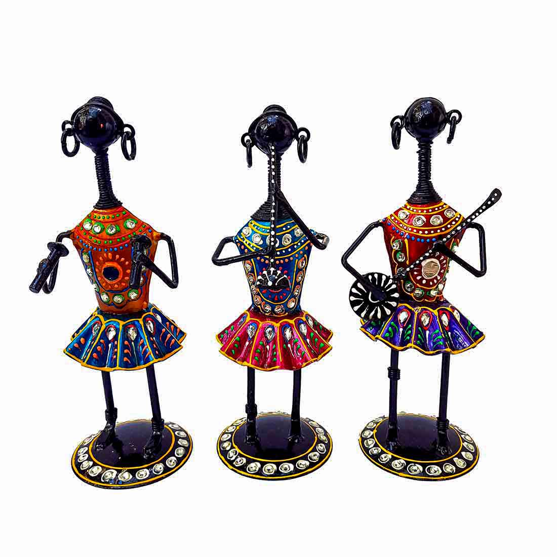 Tribal Musician Showpiece - Metal Figurines - For Table Decor & Living Room - 8 Inch- Set of 3 - ApkaMart