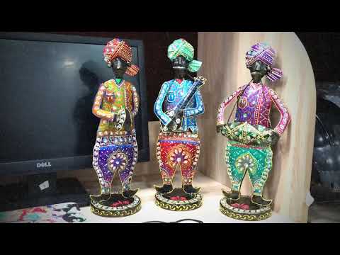 Showpiece Musician Set | Decorative Figurines Playing Musical Instrument With Kundan Work - For Home, Table, Living Room & TV Unit | Show Piece For Office Desk & Gifts - 14 Inch (Set of 3) - Apkamart