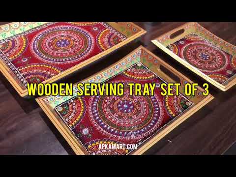 Wooden Serving Tray Set of 3 | Tea & Snacks Serving Platter - For Home, Dining Table, Kitchen Decor | Wedding & Housewarming Gift - Apkamart