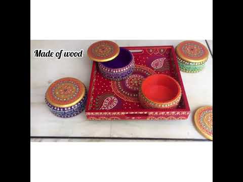 Serving Tray Wooden With Four Steel Bowls & Lid | Snack & Dry Fruit Serving Tray - For Home, Dining Table, Kitchen Decor | Wedding & Housewarming Gift - Apkamart