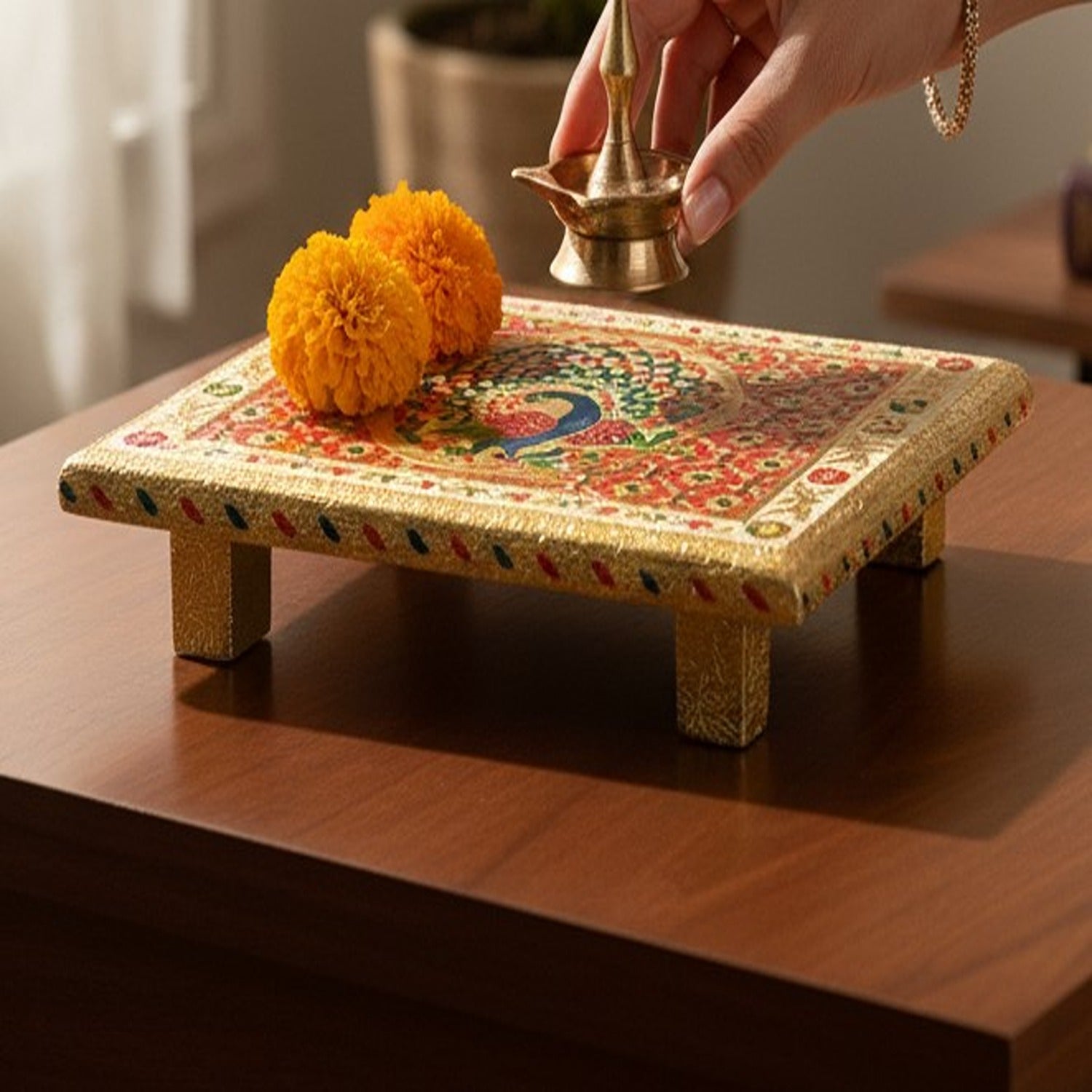 Wooden Puja Peeta Chowki | Stool / Aasan for God Idols |Wooden Pooja Chowki Table - for Festivals, Home, living Room, Corner, Mandir Decoration & Gifts - 12 Inch - Apkamart