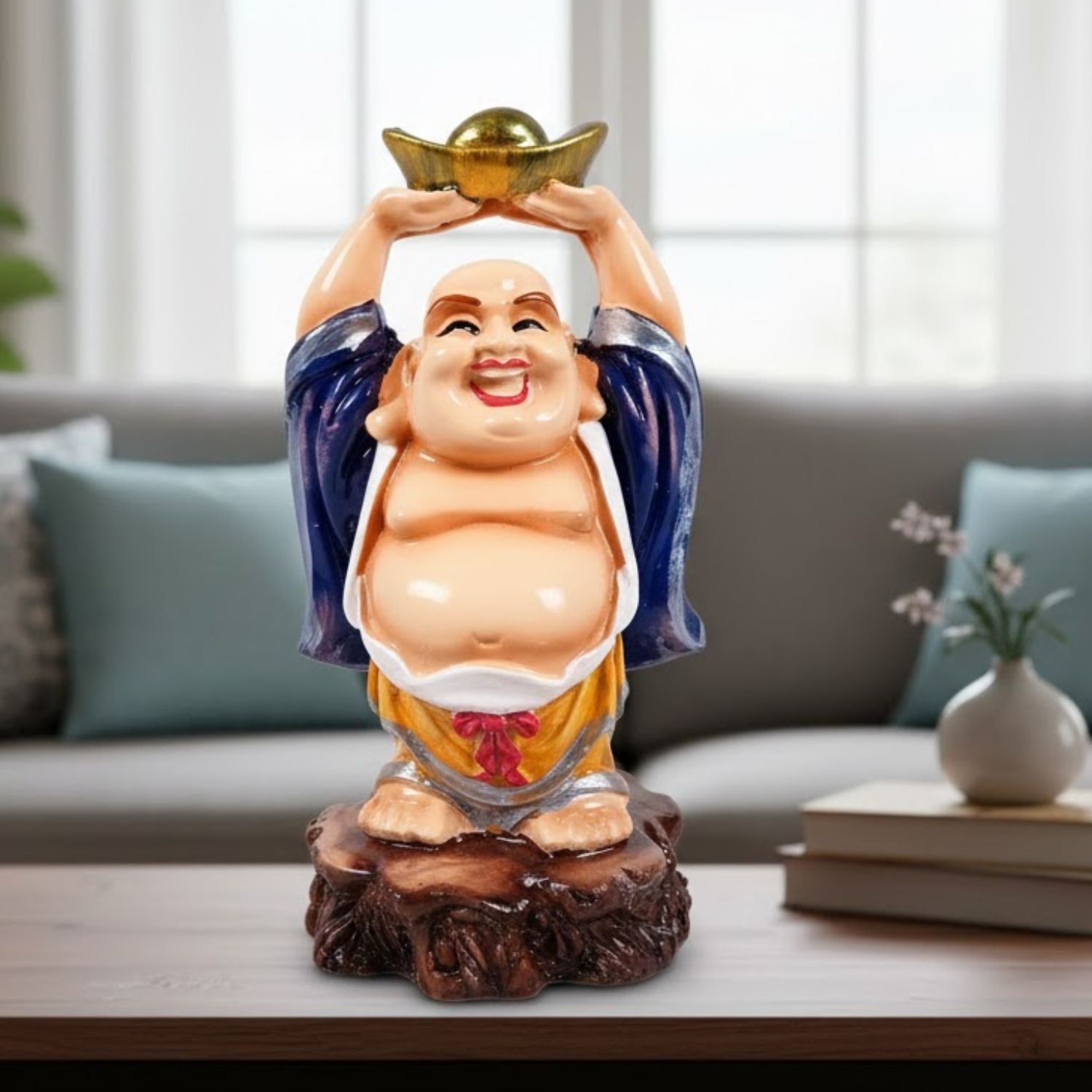 Laughing Buddha With Gold Ingo | Monk Showpiece with Money Bag for Wealth | Good Luck, Money, Health and Prosperity - For Home, Table & Office Decor & Gift - 5 Inch - Apkamart