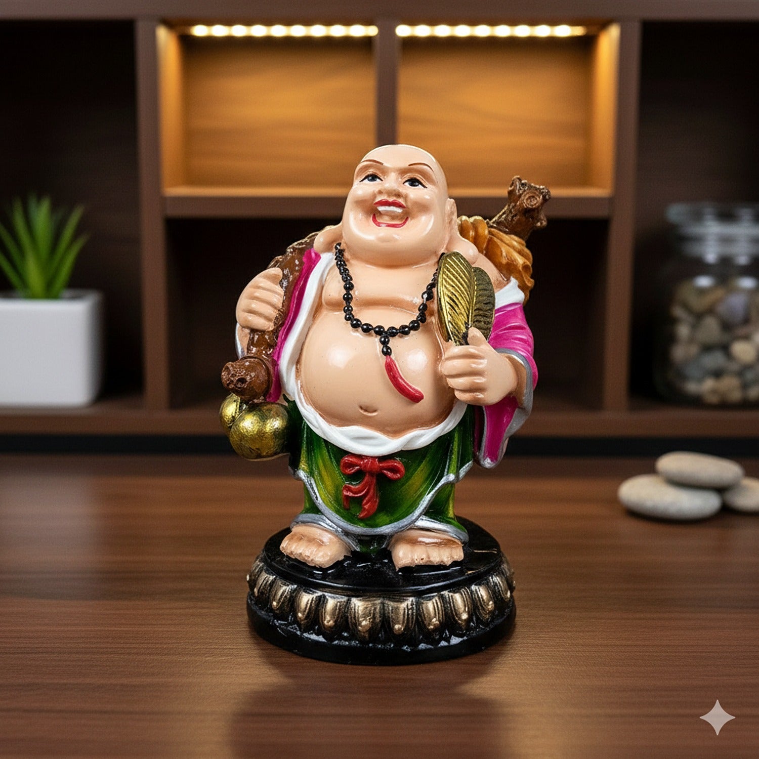 Laughing Buddha Statue with Fan | Buddha Showpiece with Money Bag for Wealth | For Home, Table & Office Decor & Gift - Protect From negative energy & problems - 6 Inch - Apkamart