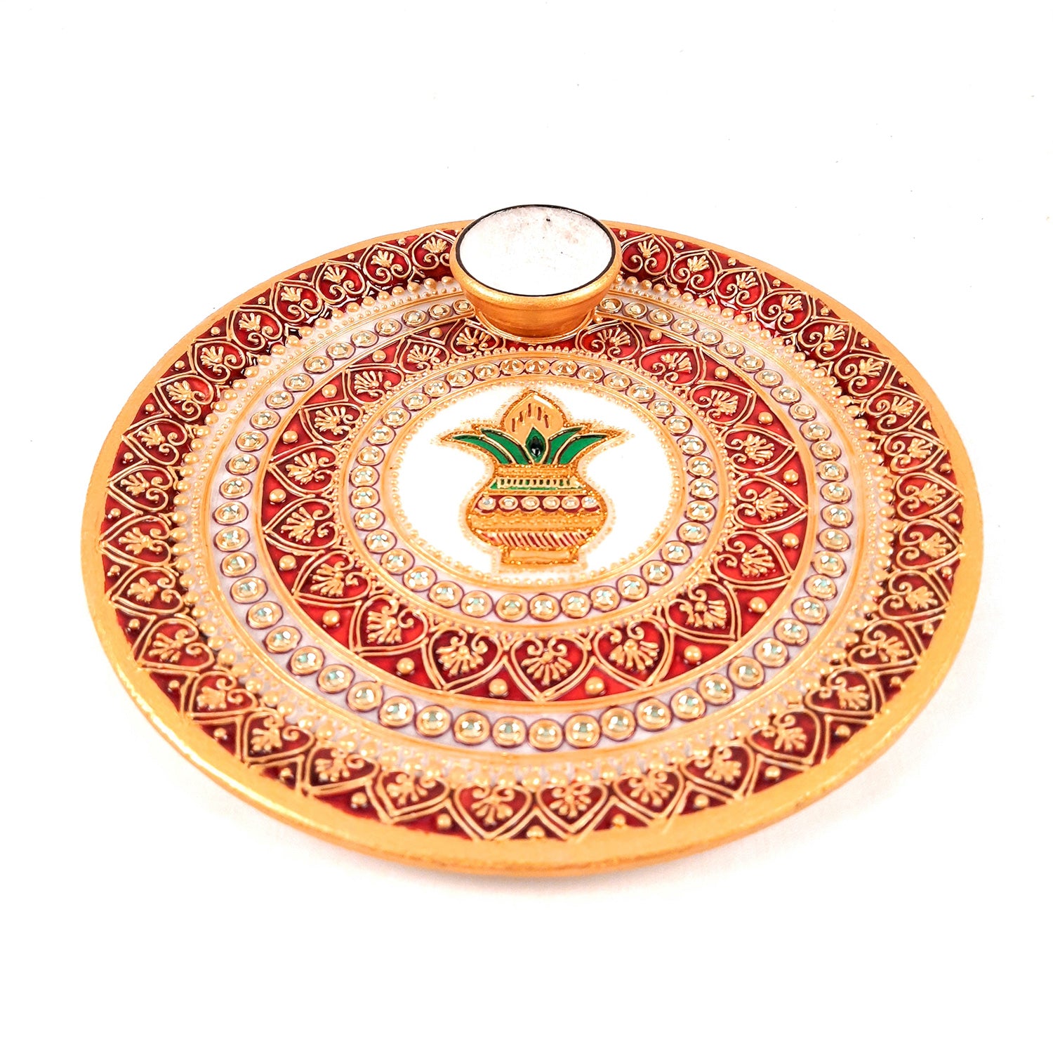 Marble Pooja Plate With Diya | Aarti Thali - Heavy Kalash Design - For Pooja, Weddings & Festivals - 9 Inch - Apkamart