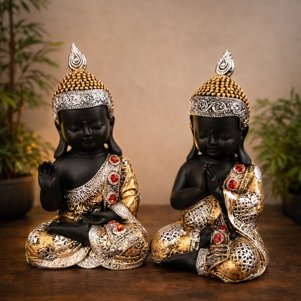 Buddha Statues | Lord Gautam Buddha Sitting Pose Idol Showpiece - For Living room, Home, Table, Shelf, Office Décor | Housewarming & Anniversary Gift - 10 Inch (Set Of 2) - Apkamart