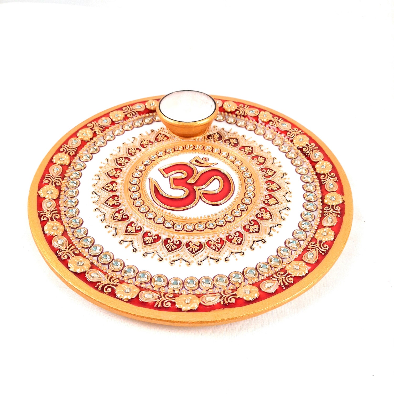 Marble Pooja Plate With Diya | Aarti Thali - Om Heavy Design - For Pooja, Weddings & Festivals - Apkamart