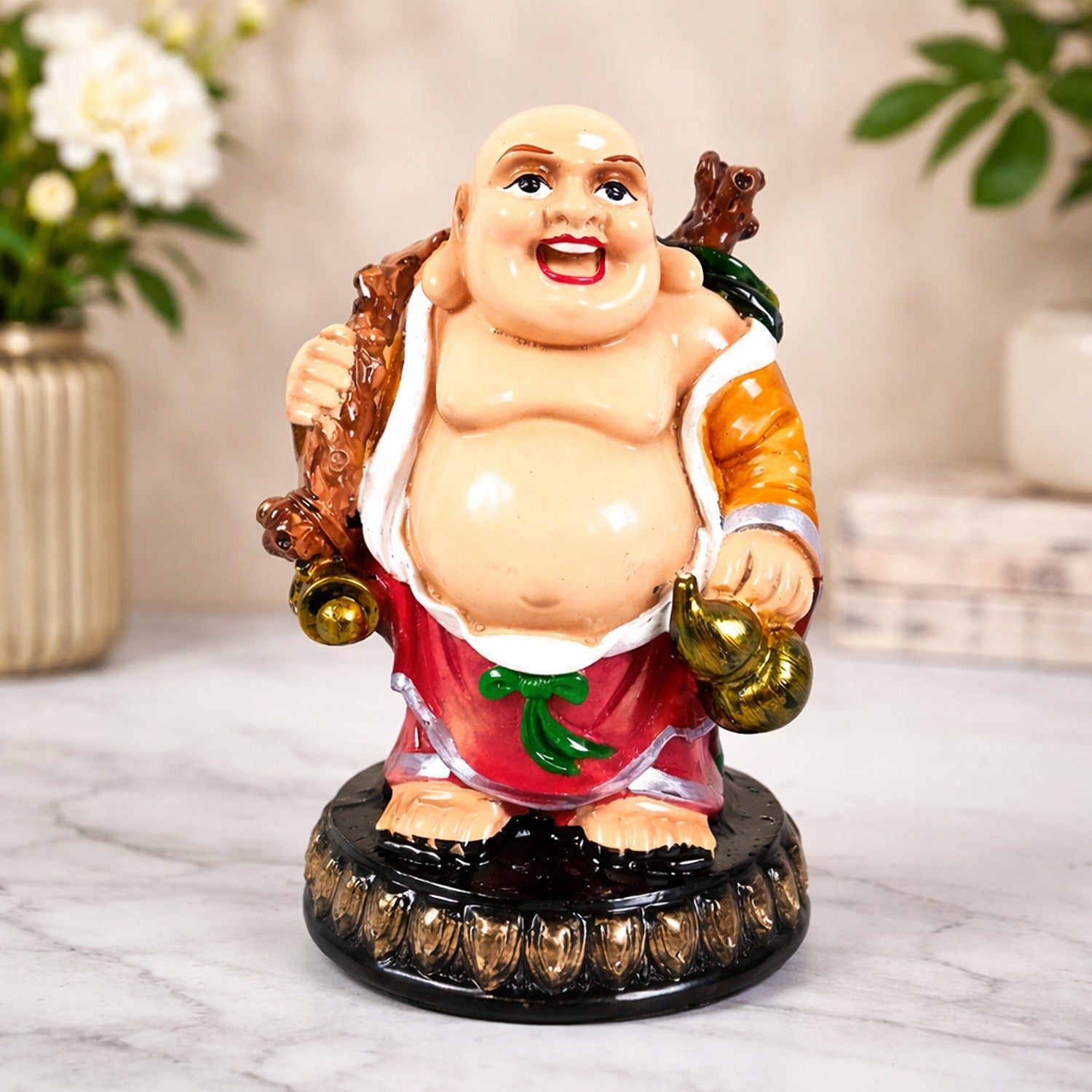 Laughing Buddha Statue | Buddha Showpiece with Money Bag for Wealth | For Good Luck, Home, Table & Office Decor & Gift - Symbol of wealth, good luck & prosperity - 5 Inch - Apkamart