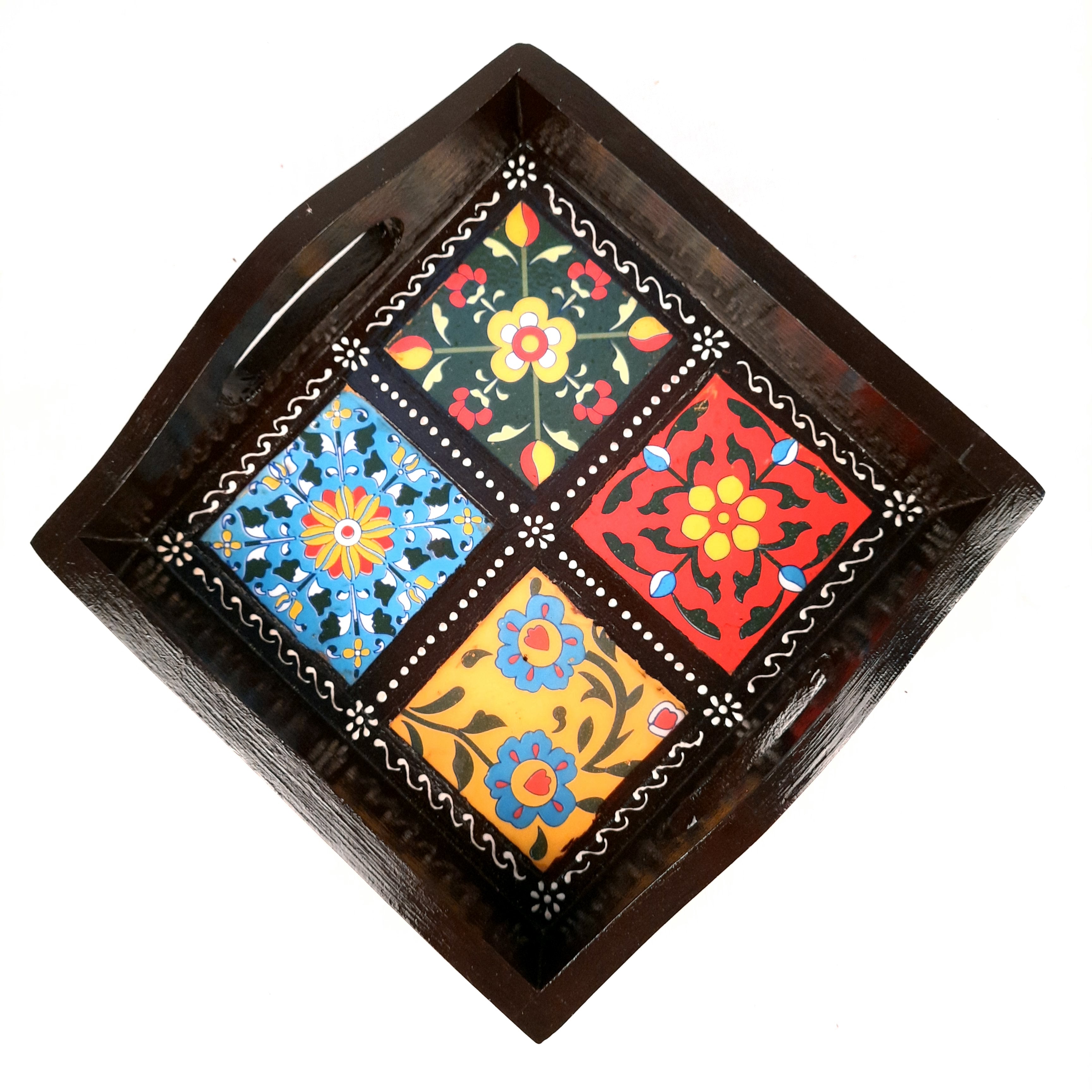 Serving Tray With In-Built Ceramic Tiles | Tea Tray - For Serving, Kitchen, Home Decor & Gifts - 9 Inch -Apkamart #Style_Designer