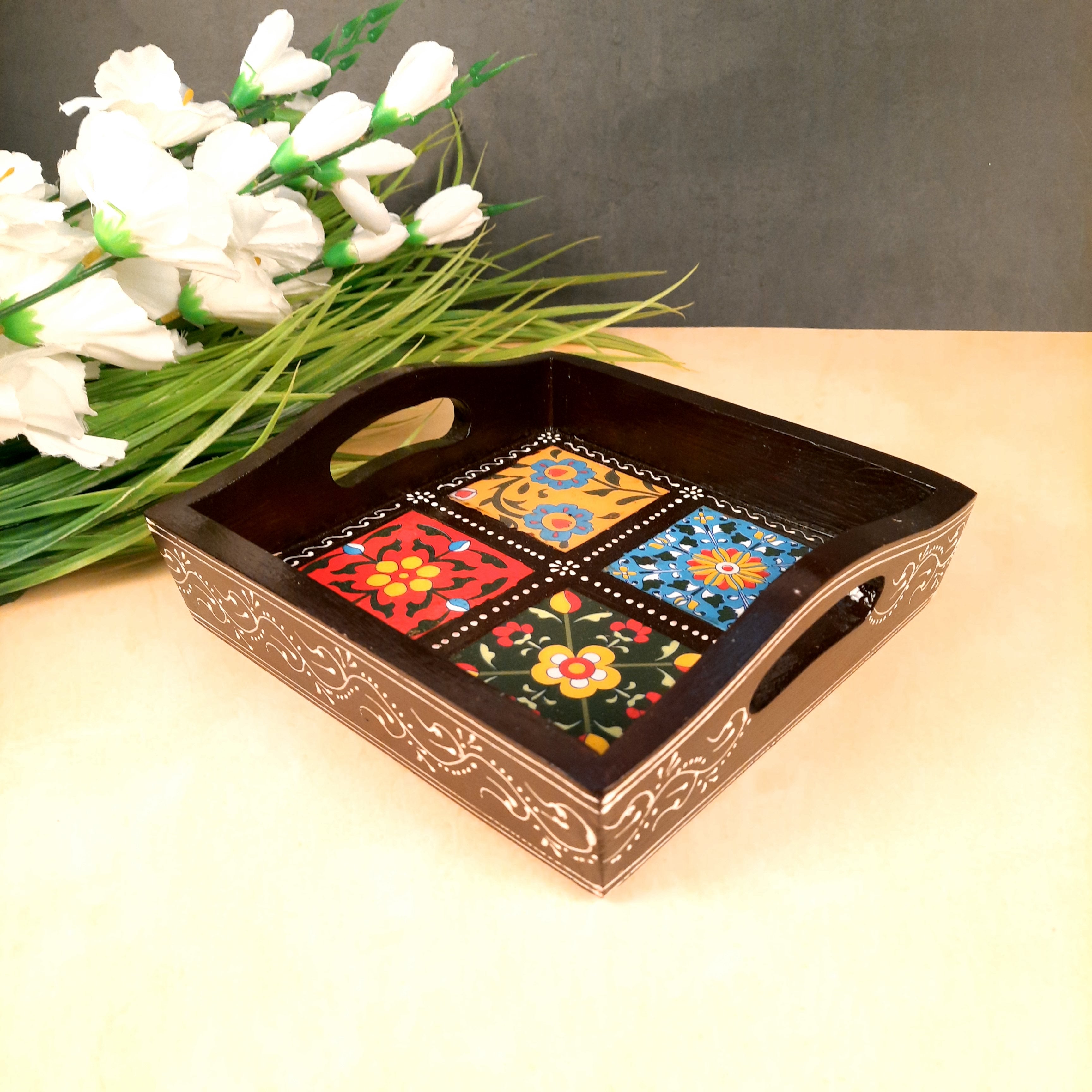 Serving Tray With In-Built Ceramic Tiles | Tea Tray - For Serving, Kitchen, Home Decor & Gifts - 9 Inch -Apkamart #Style_Designer